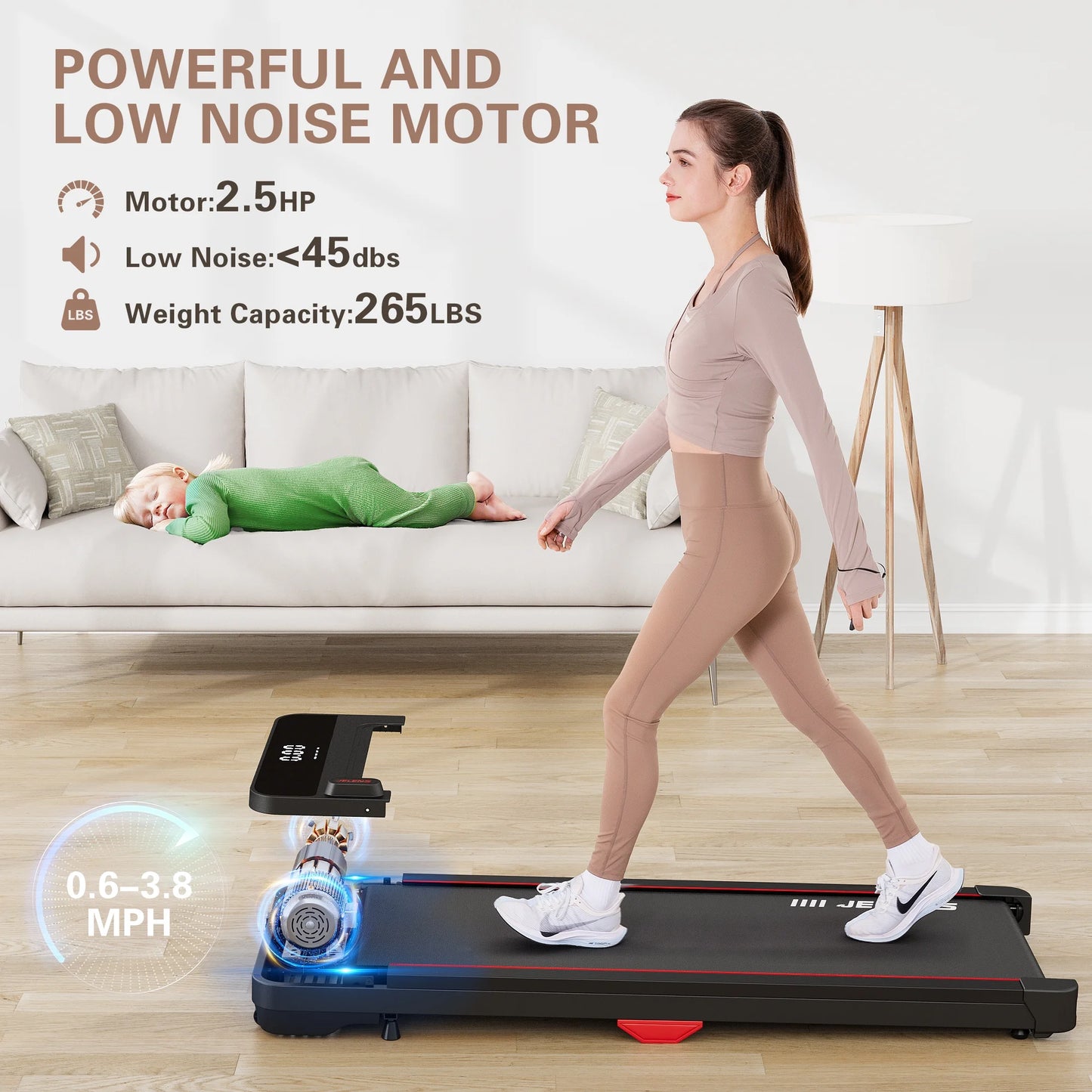 Walking Pad, under Desk Treadmill, 2.5HP Portable Treadmills for Home Office, Walking Jogging Machine with Remote Control, LED Display